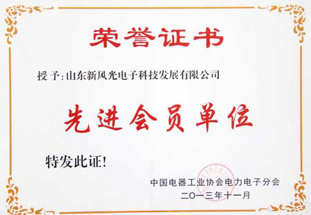 新风光电子公司荣获中国电器工业协会电力电子分会“先进